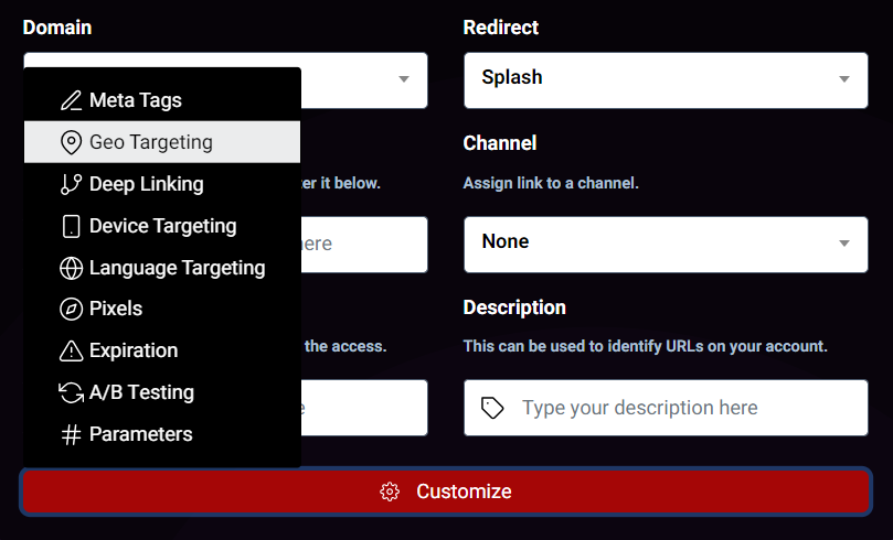 select geo targeting rule from url shortening section in miosit dashboard