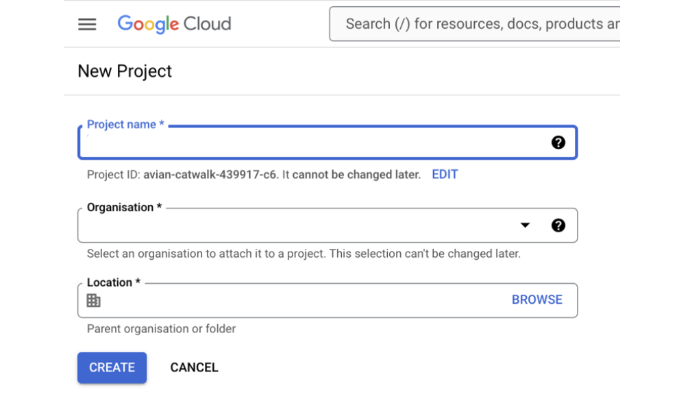 Create New Project of Google Cloud for 