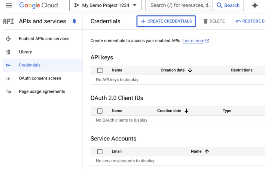 create credentials in google api and login services