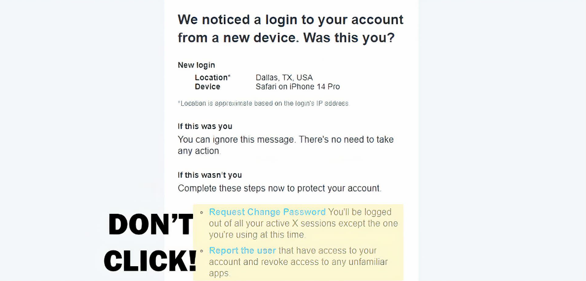 Screenshot of a phishing email that appears to be from Twitter highlighting a false email address and warns not to click