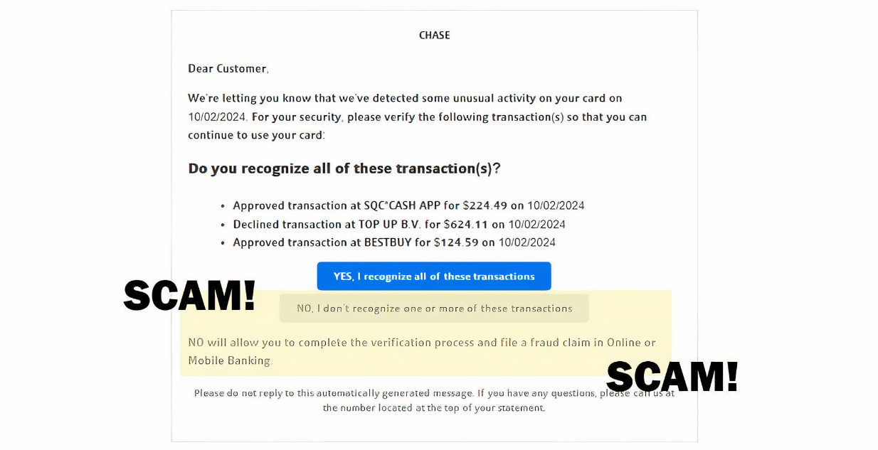 Screenshot of a phishing email that appears to be from Chase Bank highlighting false email address