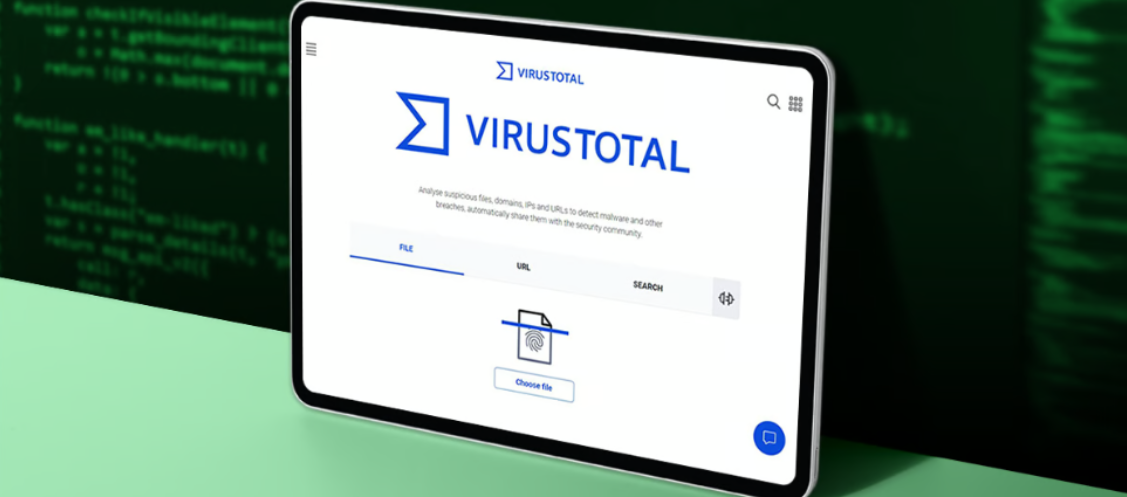 a mockup of virustotal website show the logo on a tablet