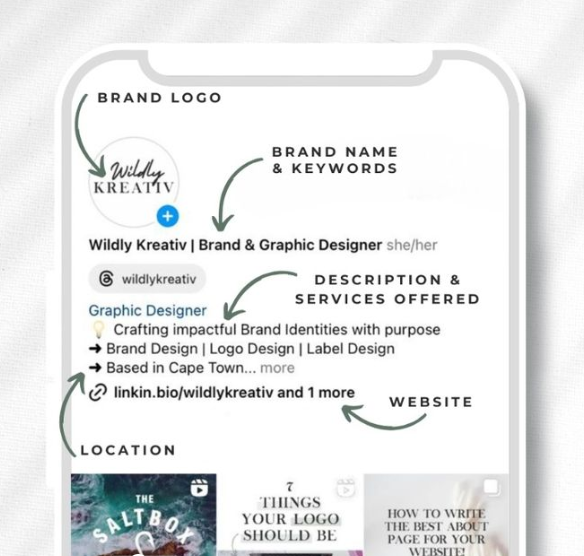 instagram logo, brand name, description, cta buttons placement