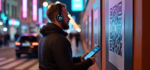 a man scan the qr code on the poster