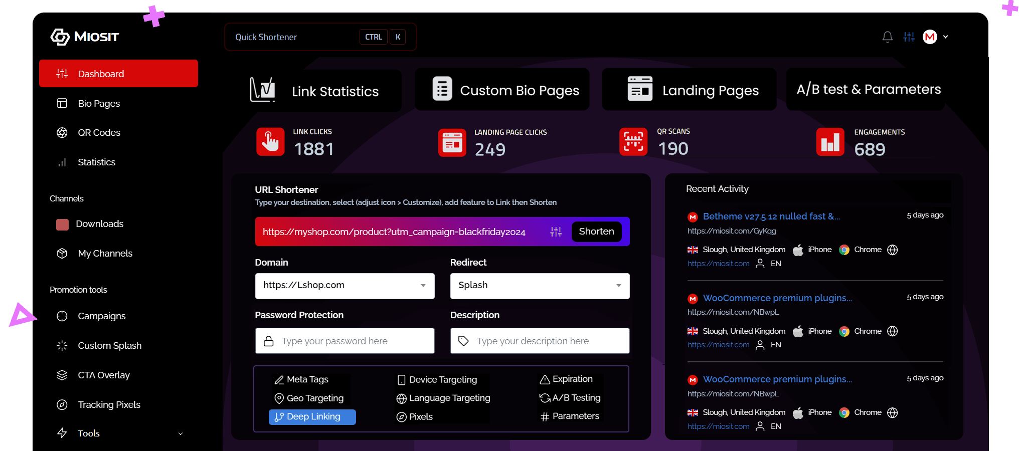 Desktop version of Miosit Link shortener user dashboard, dark dashboard