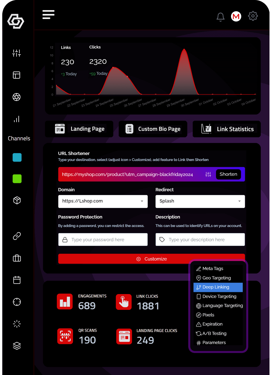 Mobile version of Miosit Link shortener user dashboard, dark dashboard